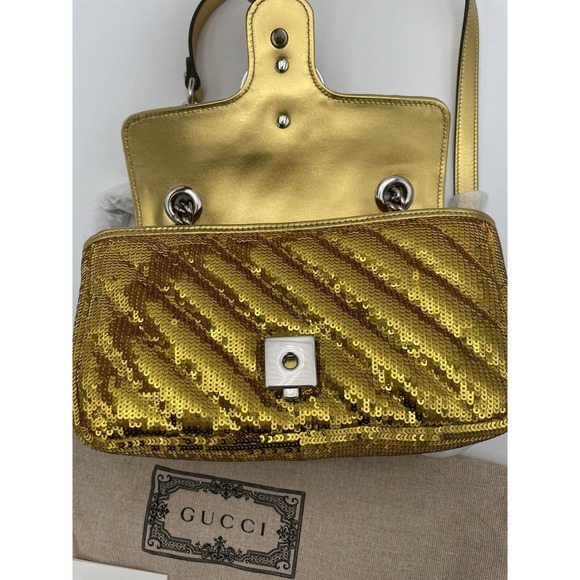 NEW! GUCCI MARMONT METALLIC SEQUIN GOLD  GG CROSSBODY BAG PURSE AUTHENTIC - Picture 12 of 15